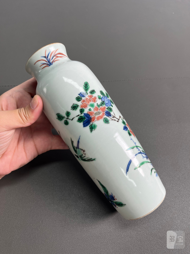 清顺治  青花五彩花鸟纹筒瓶 - 图8